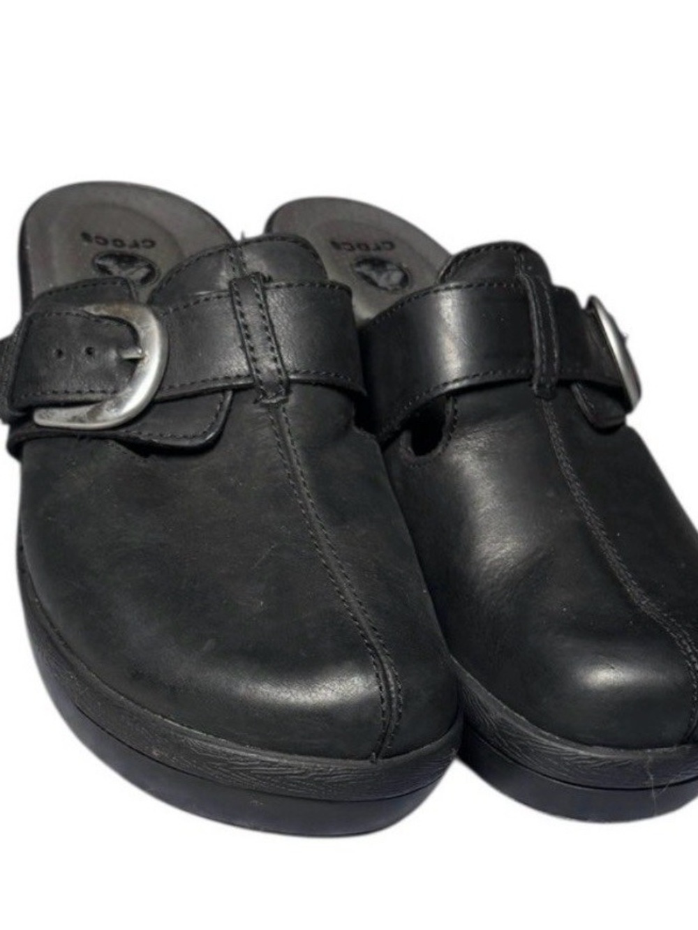 CROCS Black Leather Buckle Clogs Size 8